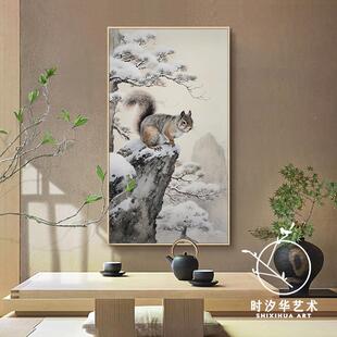 松GVD鼠拜寿画图迎关客松油画客厅装饰画新中式松树风景玄挂竖版