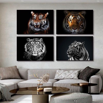 老虎挂画高级感入户玄关迎门装饰画办公室霸气猛虎沙发背景墙壁画