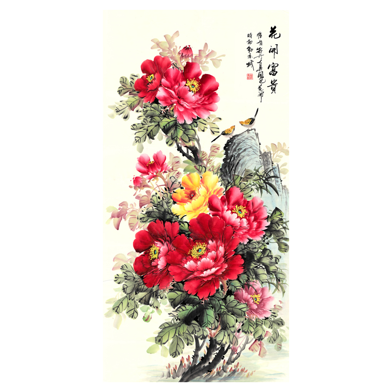花开富贵进门入户玄关装饰画牡丹画贴纸墙贴自粘壁画走廊贴画竖版
