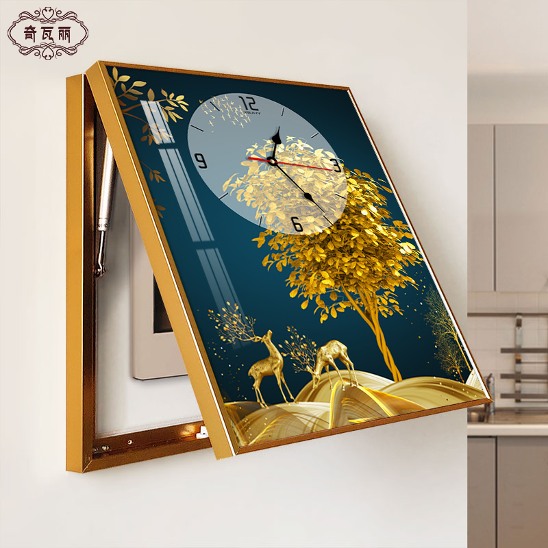 电表箱装饰画竖款带钟表时钟配电箱电闸盒遮挡挂画22年新款挂钟