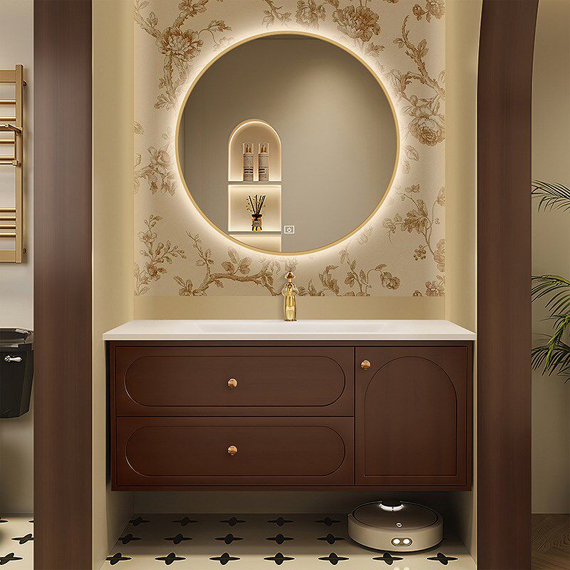 中古风复古浴室柜岩板热弯一体盆实木烤漆洗脸洗手台盆柜