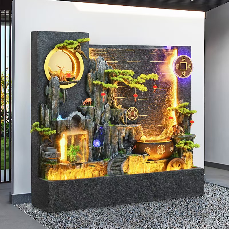 大型假山流水喷泉别墅花园庭院阳台鱼池水景装饰水幕墙屏风摆件
