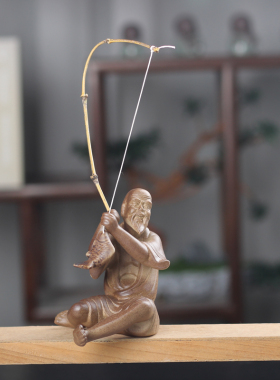 中式陶瓷鱼翁摆件假山木雕造景鱼缸水沉玄关水景桌面家居工艺装饰