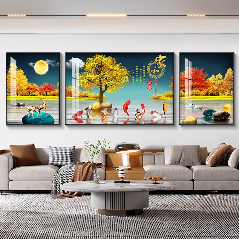 九鱼图客厅装饰画22新款大气沙发背景墙挂画现代三联画壁画