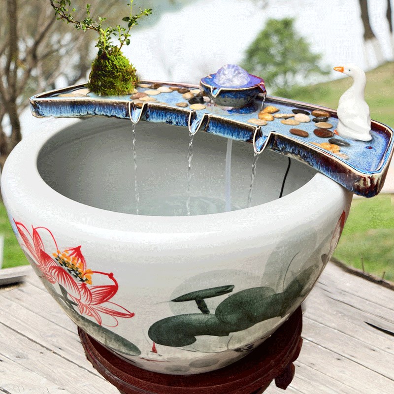 招财流水生财循环水陶瓷鱼缸循环流水摆件过滤增氧石槽微景观造景