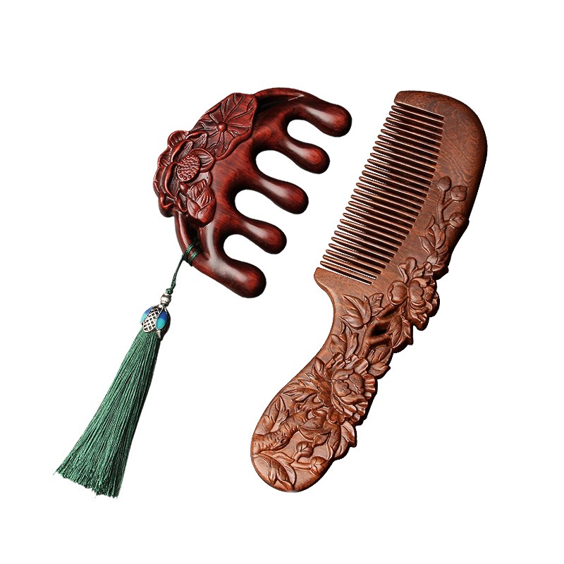 美木兮天然紫檀木梳按摩梳头部经络按摩女士长发雕花实用刻字