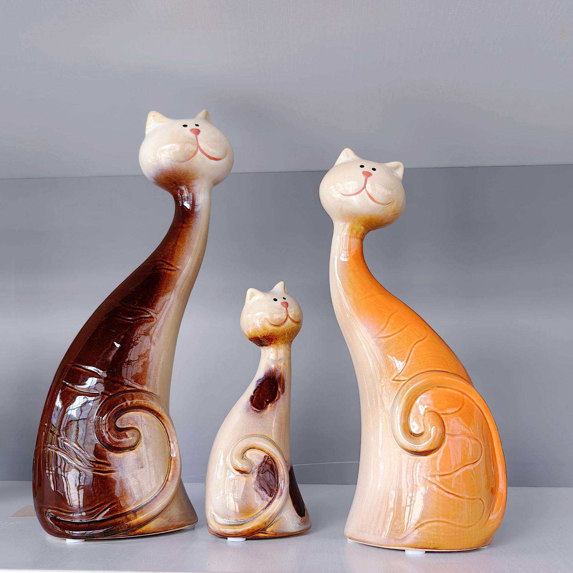 直播带货窑变铀动物工艺品家居装饰花园陶瓷猫一家三口
