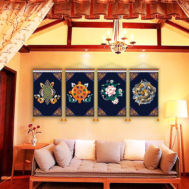 藏式八吉祥布艺挂画客栈民宿墙壁吉祥八宝无框装饰画藏族壁画挂布图片