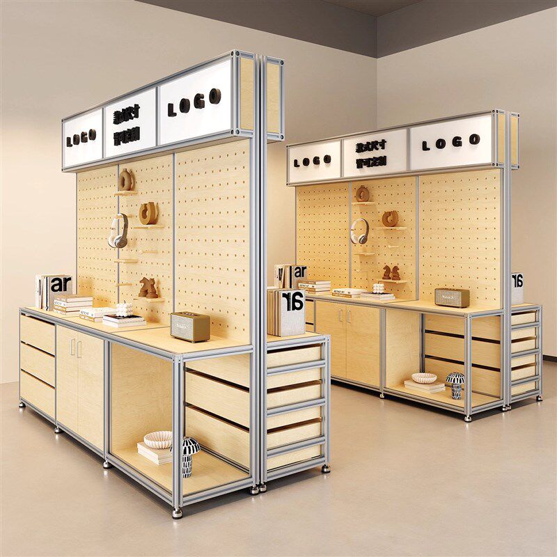 铝型材样品展示架带灯箱桦木海洋洞洞板中岛陈列柜文创产品货架