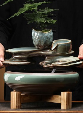 创意陶瓷金鱼缸客厅循环流水小型桌面喷泉办公室水车招财礼品