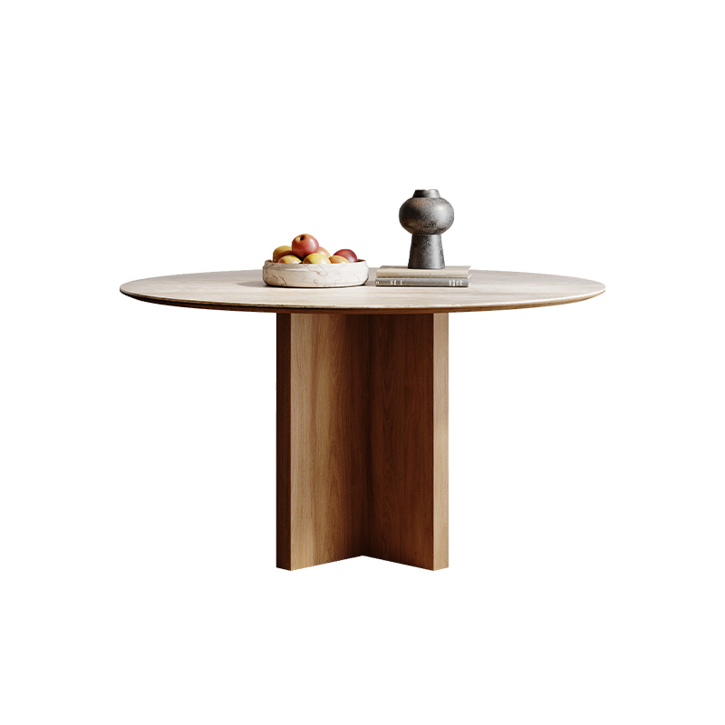 暮奢法式复古北美桃餐桌椅洞石岩板小户型实木圆餐桌咖啡桌