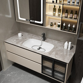 奶油风岩板无缝盆浴室柜现代洗手洗脸洗漱台盆装