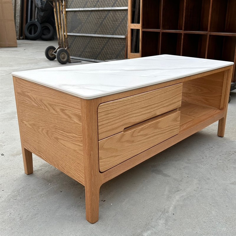 工厂直销云端纯实木红橡木茶几三抽咖啡桌全实木无贴皮岩板面防水