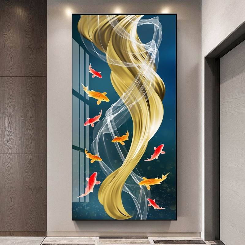 入户玄挂装饰画正对门九鱼图挂画鱼鹿走廊过道壁画现代客厅画
