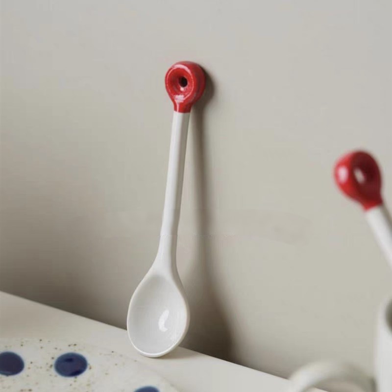 手作红圈做旧陶瓷咖n啡勺12cm高温釉下彩微波炉洗碗机@4-2@