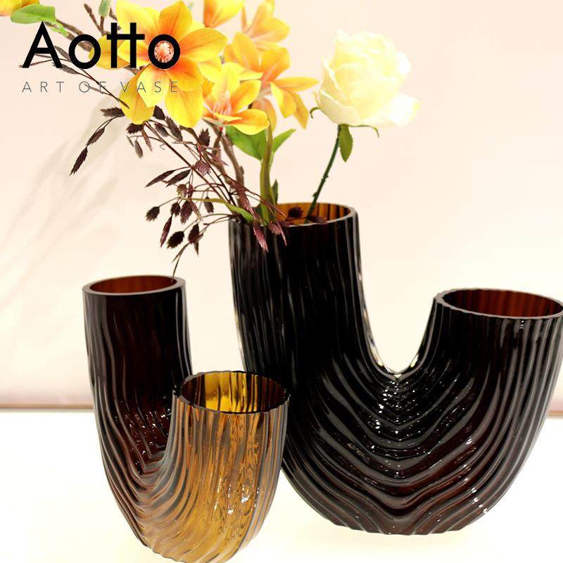 轻奢简约现代U型艺术感琥珀色玻璃花瓶条纹家用样板装饰摆件花瓶,农机/农具/农膜,其它农用工具,淘宝优惠券,粉丝福利购,淘宝优惠卷