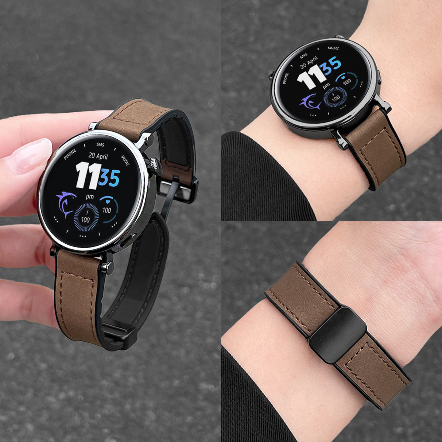 适用华为watchgt6手表表带磁吸疯马皮锁扣gt5智能gt4/3pro皮质高级感gt2/pro/ecg替换带荣耀Magicwatch2夏季 - 实物图