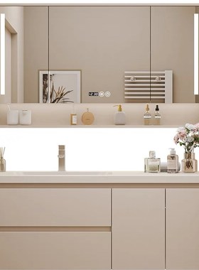 奶油风浴室柜岩板陶瓷一体盆卫生间洗漱台实木洗脸盆柜扫地机器人