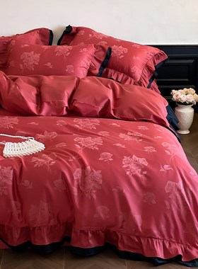 甜美婚礼红色提玫瑰新婚庆床上四件全棉支结婚2米被