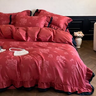 甜美婚礼红色提玫瑰新婚庆床上四件全棉支结婚2米被