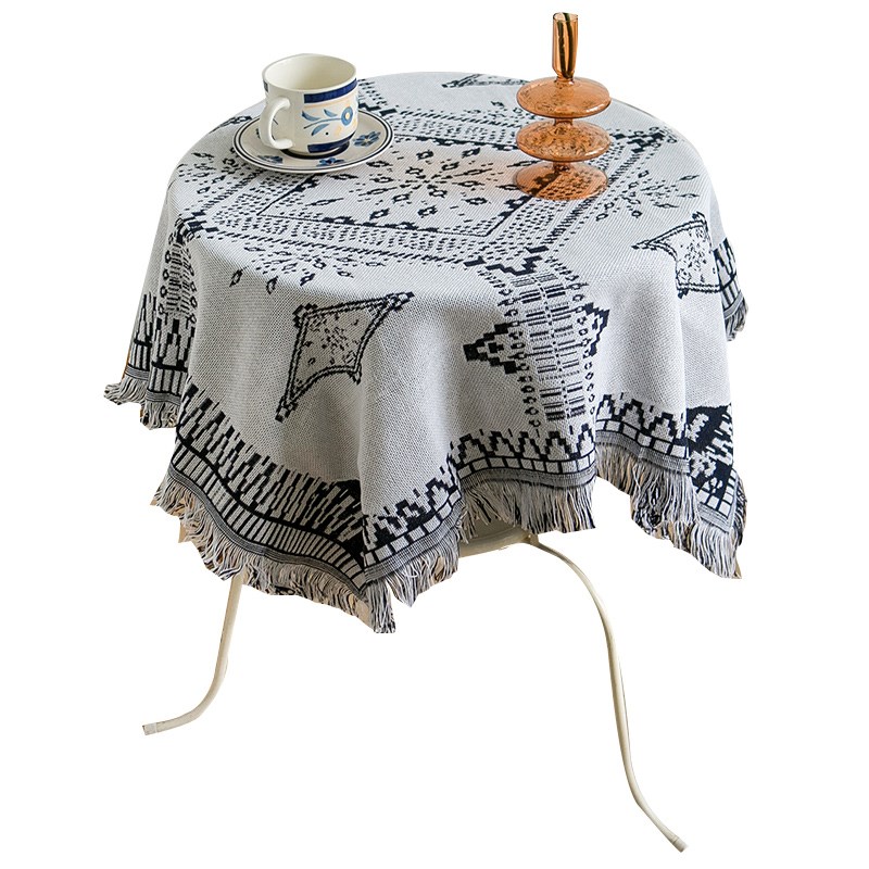 东柏家 法式in风黑白格桌布床头柜盖布蕾丝高级感圆桌布餐桌布