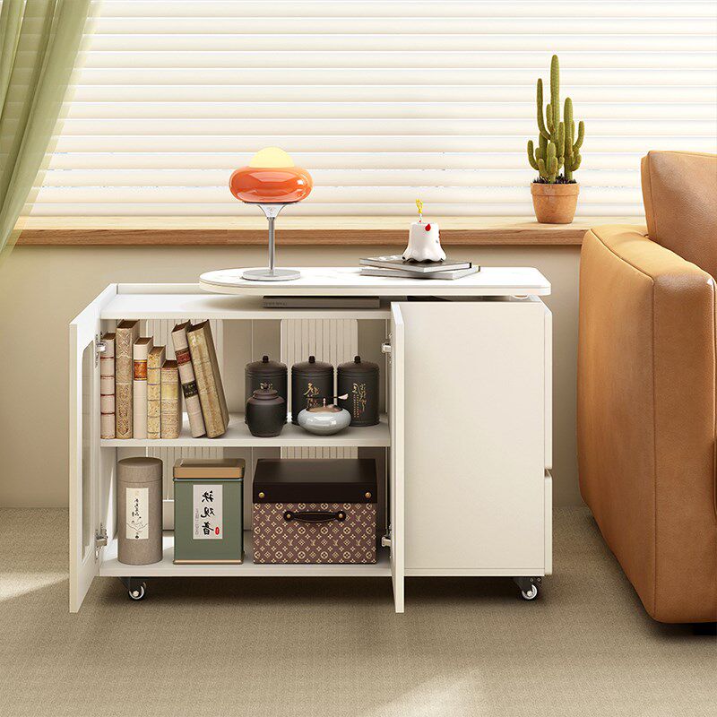 尚奶油风客厅沙发边几旋转茶桌带岩板边柜大容量侧边柜