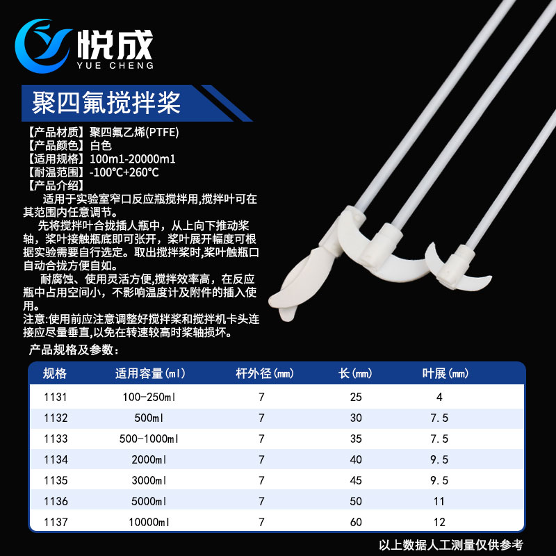 悦成 聚四氟搅拌棒 F特氟龙搅拌桨    5 cm聚四氟搅拌桨叶搅拌桨