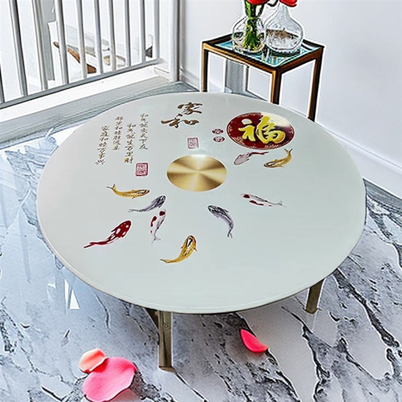 不锈钢圆桌折叠桌子加厚彩色家用餐桌带转盘大小户形烤火桌免安装