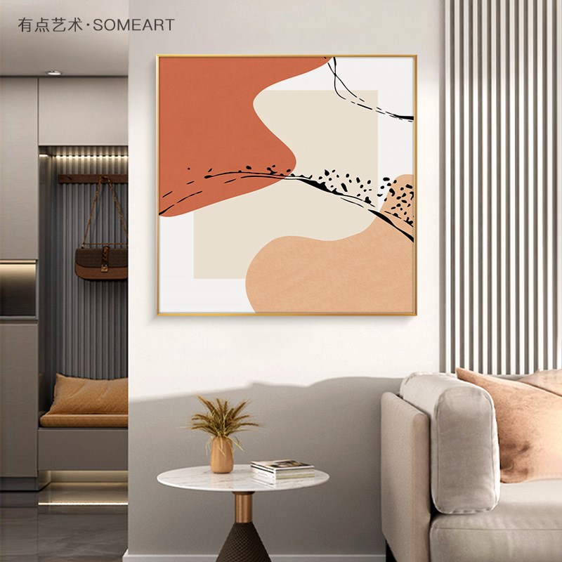 奶油风餐厅装饰画抽象几何色块正方形客厅壁画现代简约饭厅挂画图片