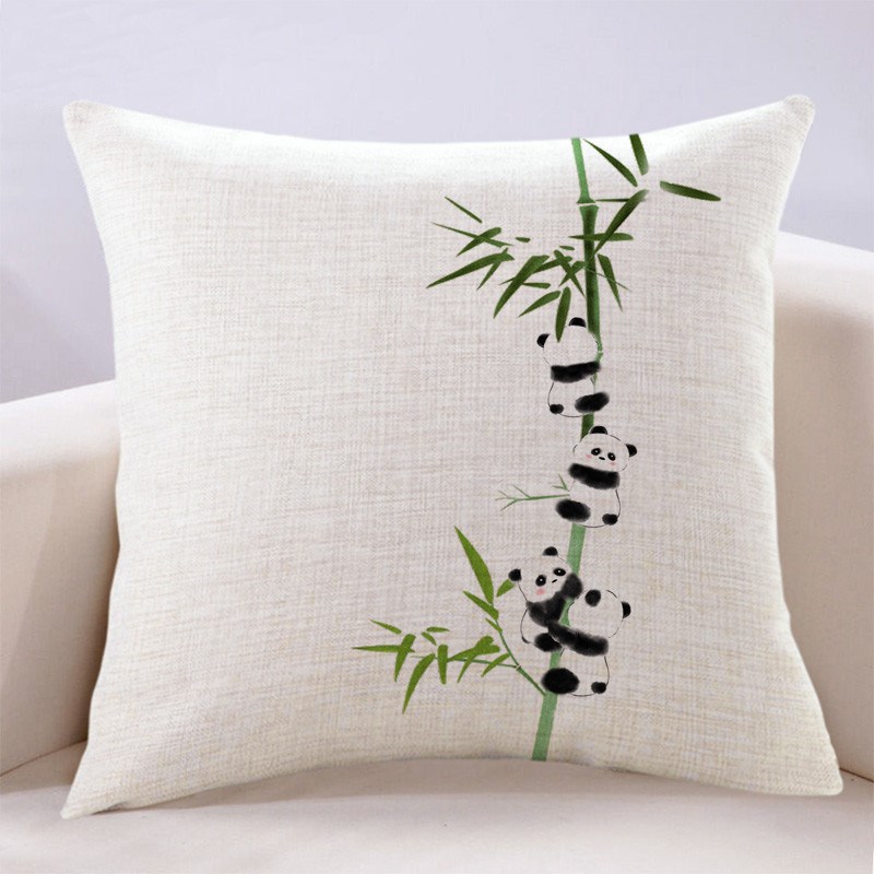 现代中式客厅抱枕沙发熊猫竹子靠枕书房茶室座椅靠垫卧室床头靠背