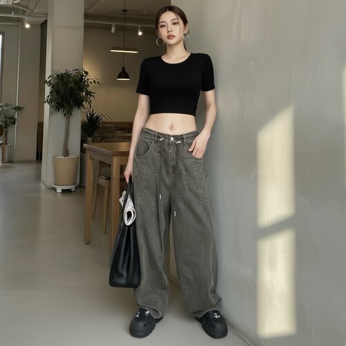 KJXV2026初秋新款时尚街头风设计师小众潮流女牛仔裤弯刀裤长裤