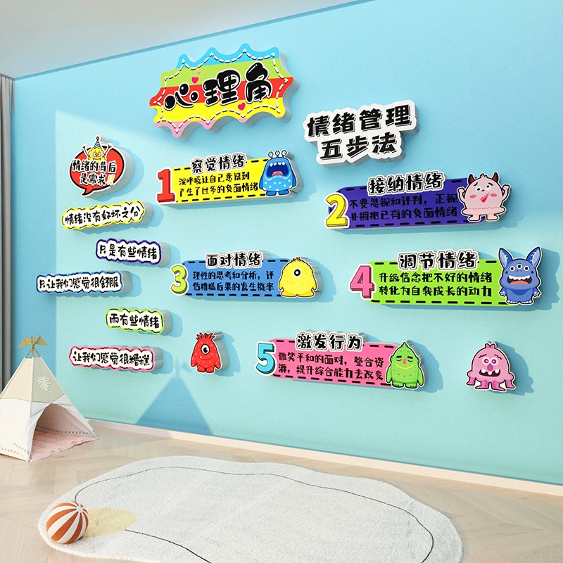 心理角布置情绪稳定小怪兽墙贴面装饰挂画咨询室管理文化环创冷静