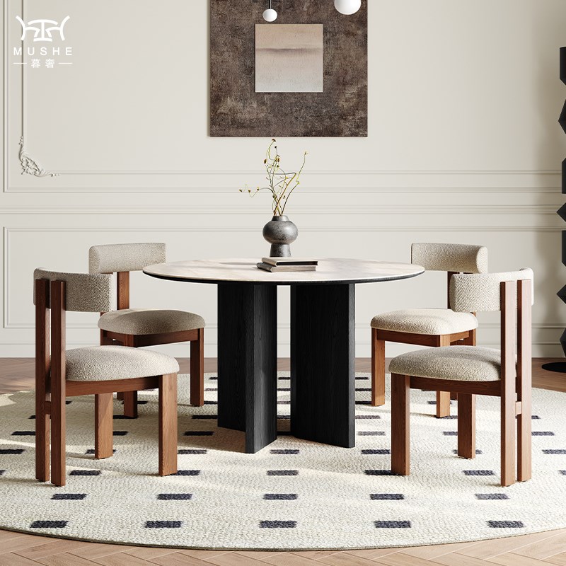 暮奢法式复古风实木洞石岩板餐桌椅小户型家用设计师圆餐桌