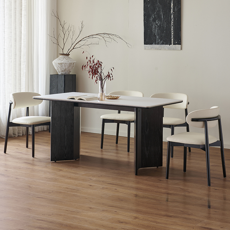 德利丰岩板纯白餐桌 实木全底板饭桌 家用小户型长方形复古桌