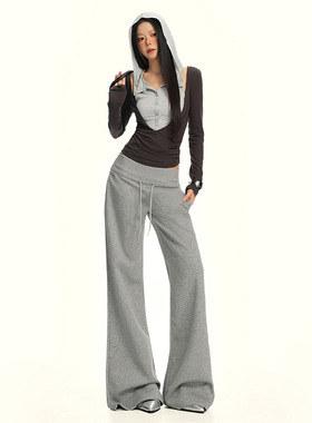 注目时刻25th ootd！松紧腰抽绳设计宽松加绒裤秋冬直筒阔腿裤拖