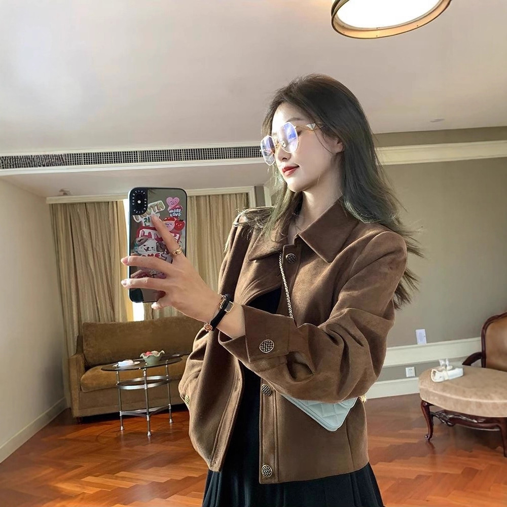 美拉德麂皮绒外套女短款2025春秋新款复古宽松小个子薄款夹克