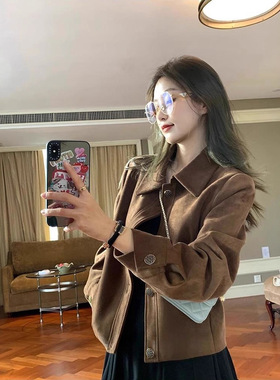 美拉德麂皮绒外套女短款2025春秋新款复古宽松小个子薄款夹克