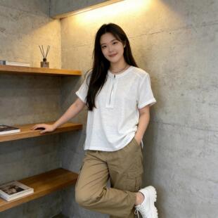 300斤针织春夏薄款 胖MM宽松1 慵懒风亨利领显瘦遮肉T恤 女装 大码