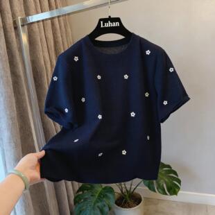 针织小花图案春夏薄款 大码 300斤穿搭圆领短袖 胖MM宽松显瘦1 女装