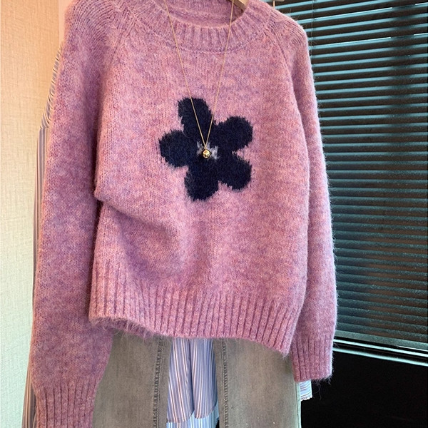 特大码毛衣秋冬紫红色提花