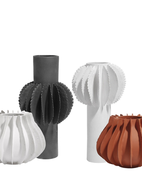 现代黑白陶瓷干插花器客厅电视柜餐桌装饰摆件砖红色百叶花瓶