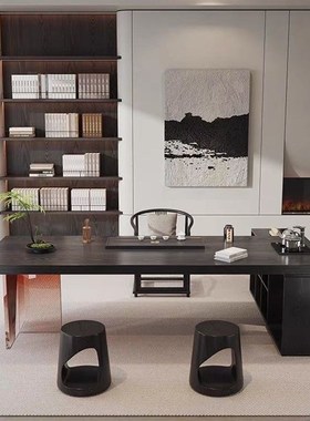 侘寂风全实木桌柜一体黑色实木茶桌办公室家用客厅茶台茶桌椅