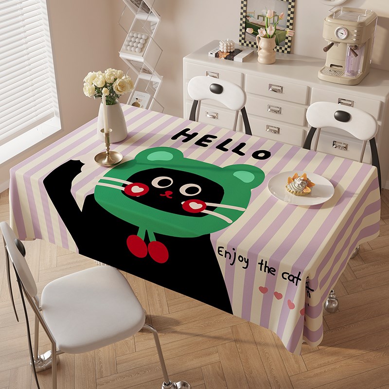 波点小猫桌布餐桌办公桌防尘布in卡通风棉麻布艺防水茶几布
