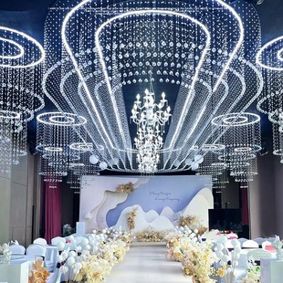 婚礼堂婚庆道具铁艺吊顶椭圆环婚礼舞台造型水晶珠帘菠萝珠串架子