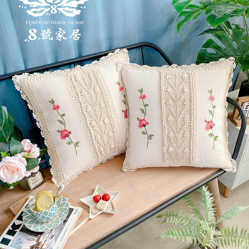 欧式复古田园风手工棒针编织棉布刺绣方抱枕靠垫腰枕靠背