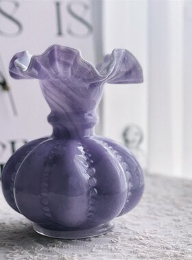 中古芬顿边典雅紫色纯手工玻璃瓜形瓶水养插器家居装饰