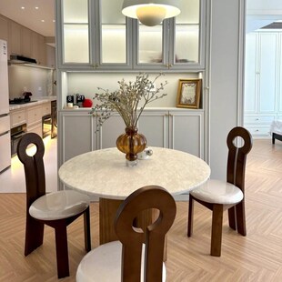 古韵雅奢法式中古风胡桃实木餐桌椅洞石岩板小圆桌小户型