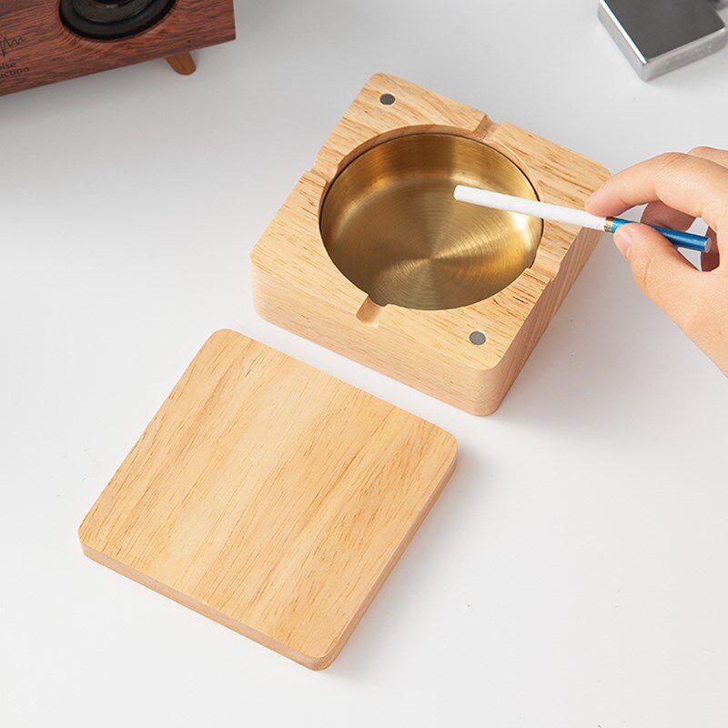 实木烟灰缸带盖防飞灰锈钢家用办公室客厅茶几创意灰缸高档