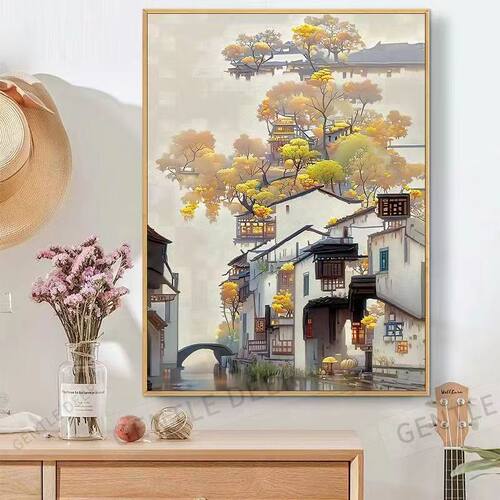 江南水乡山数字油画手工填色画肌理填充涂色油彩装饰画