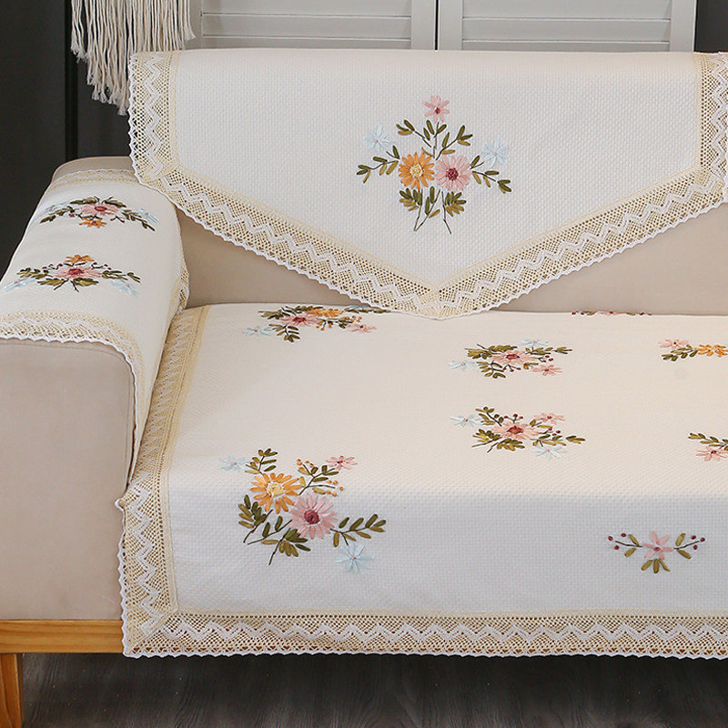 刺绣沙发巾靠背巾白色盖布四季通用现代棉麻布艺扶手巾单人巾